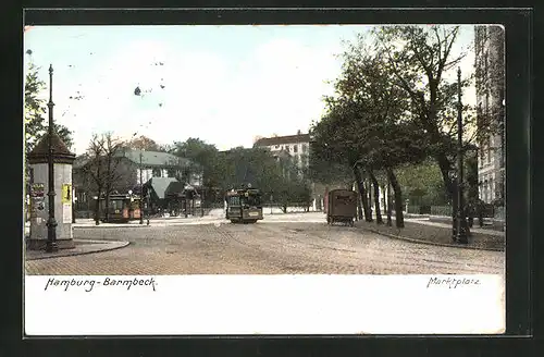 AK Hamburg-Barmbek, Marktplatz mit Litfasssäule & Strassenbahn