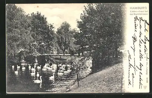 AK Hamburg-St.Georg, Liebes-Insel bei der Gurlittstrasse mit Schwänen