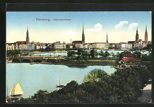 AK Hamburg-St.Georg, Alsterpanorama mit Segelboot