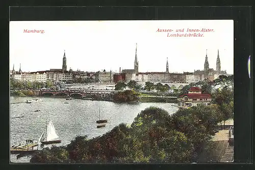 AK Hamburg-St.Georg, Aussen- und Innen-Alster mit Lombardsbrücke