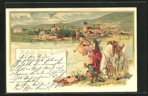 Lithographie Säkkingen am Rhein, Behüt Dich Gott!, Trompeter und Pferd am Ufer