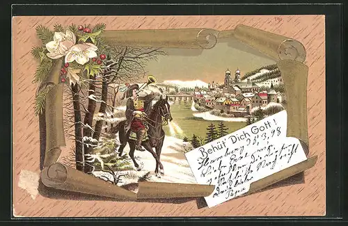 AK Behüt Dich Gott!, Trompeter zu Pferde vor der Stadt im Winter