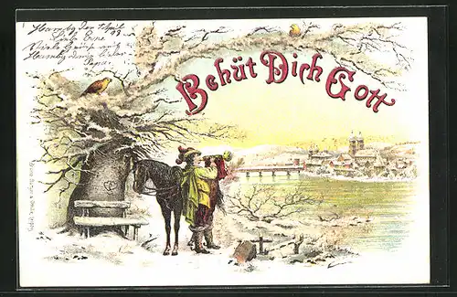 Winter-Lithographie Behüt Dich Gott!, Trompeter mit Pferd vor der Stadt