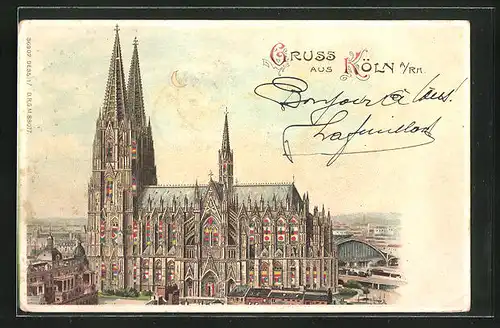 Lithographie Köln a /Rh., Dom und Bahnhof, Halt gegen das Licht