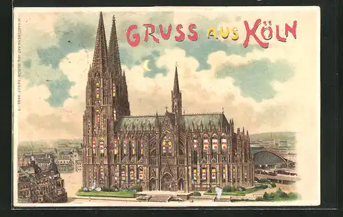 Lithographie Köln a /Rh., Dom und Bahnhof, Halt gegen das Licht