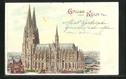 Lithographie Köln a /Rh., Dom und Bahnhof, Halt gegen das Licht