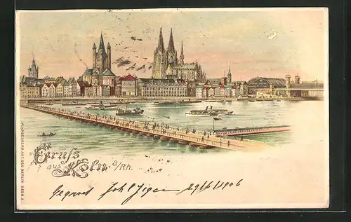 Künstler-AK Köln a /Rhein, Teilansicht mit Dom bei Mondschein, Halt gegen das Licht