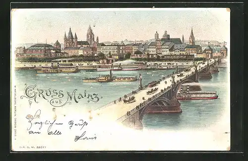 Lithographie Mainz, Teilansicht mit Brücke und Damfern, Halt gegen das Licht