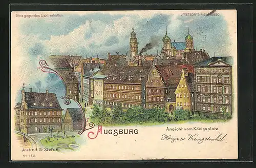 Lithographie Augsburg, Ansicht vom Königsplatz, Institut St. Stefan, Halt gegen das Licht