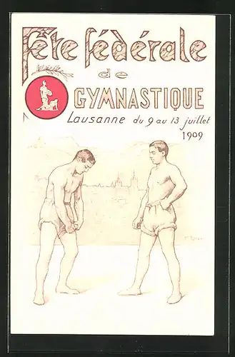 Künstler-AK Lausanne, Fête fédérale de Gymnastique 1909, Zwei Ringer vor der Stadt
