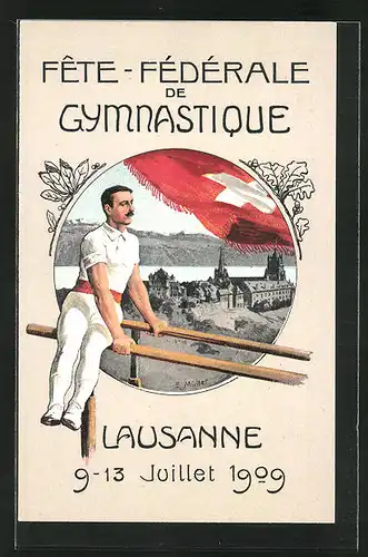Künstler-AK Lausanne, Fête fédérale de Gymnastique 1909, Turner am Barren vor Ortspartie