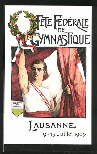 Künstler-AK Lausanne, Fête fédérale de Gymnastique 1909, Turner mit Kranz und Fahne