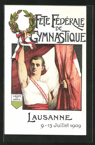 Künstler-AK Lausanne, Fête fédérale de Gymnasitque 1909, Turner mit Kranz und Fahne