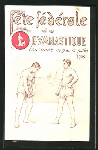 Künstler-AK Lausanne, Fête fédérale de Gymnastique 1909, Zwei Ringer vor der Stadt