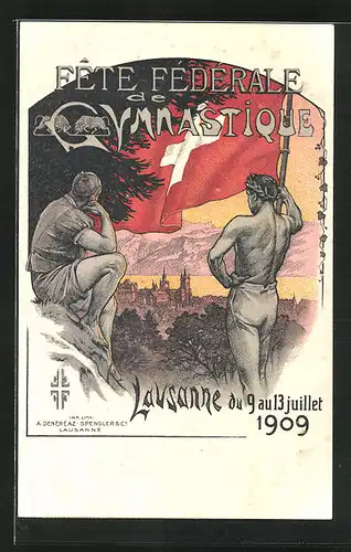Künstler-AK Lausanne, Fête fédérale de Gymnastique 1909, Turner mit Fahne vor der Stadt