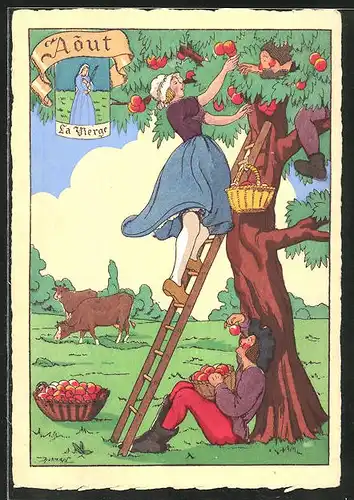 AK Août, La Vierge, Frau pflückt Äpfel, Im Hintergrund weidende Rinder