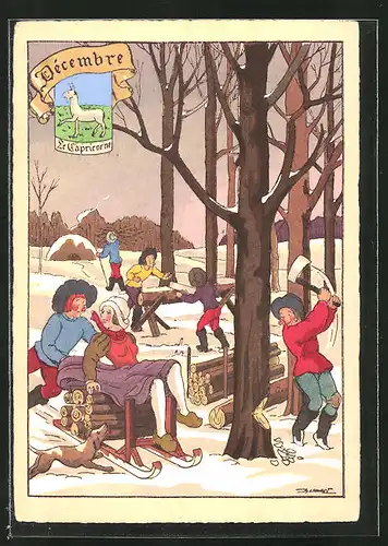 AK Décembre, Le Capricorn, Holzfäller im Wald bei Schnee