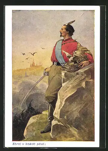 AK Kämpfer mit Säbel und Vogelnest auf einem Felsen, Sokol