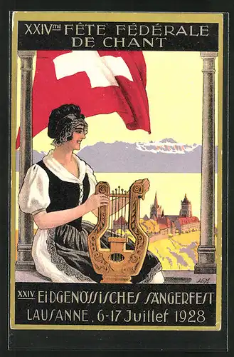 Künstler-AK Lausanne, XXIV. Eigenössisches Sängerfest 1928, Schweizerin mit Lyra