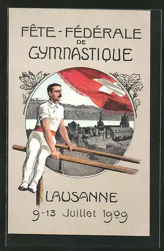 Künstler-AK Lausanne, Fête-Fédérale de Gymnastique 1909, Turner am Barren