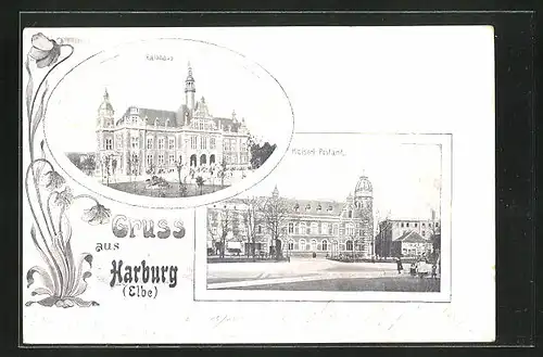 AK Hamburg-Harburg, kaiserl. Postamt und Rathaus