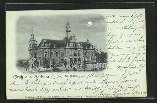 Mondschein-AK Hamburg-Harburg, Rathaus mit Passanten