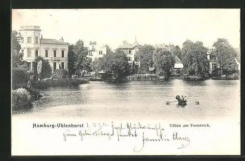 AK Hamburg-Uhlenhorst, Villen am Feenteich mit Boot