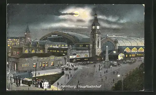 AK Hamburg-St.Georg, Hauptbahnhof und Denkmal bei Mondschein