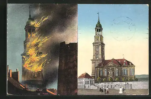 AK Hamburg-Neustadt, Brennende grosse Michaeliskirche eben vor dem Einsturz, Abgebrannt 1906