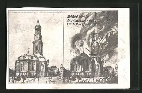 AK Hamburg-Neustadt, Grosse Michaeliskirche vor und während des Brandes 1906