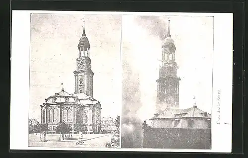 AK Hamburg-Neustadt, Grosse Michaeliskirche vor und während des Brandes 1906