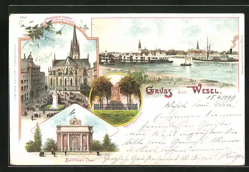Lithographie Wesel, Grosser Markt mit Willibrodri-Kirche, Berliner Thor