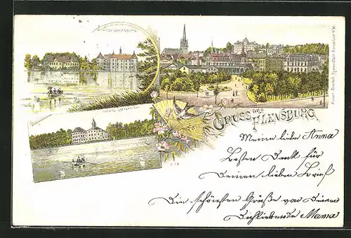 Lithographie Flensburg, Schloss Glücksburg, Schloss Gravenstein