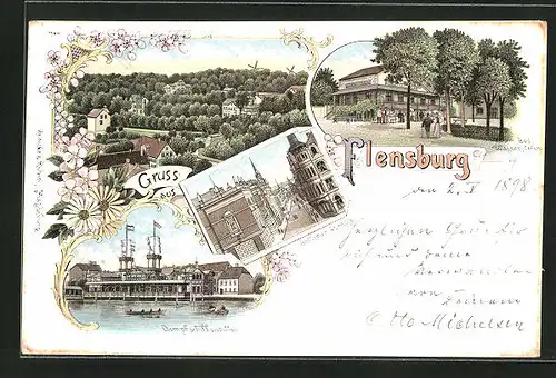 Lithographie Flensburg, Dampfschiffpavillon, Bad Wassersleben, Bellevue Strasse