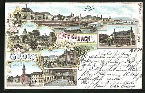 Lithographie Offenbach a.M., Altes Schloss, Alicenplatz, Schlosskirche m. evangl. Vereinshaus