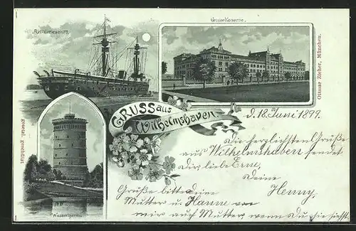 Mondschein-Lithographie Wilhelmshaven, Grosse Kaserne, Artillerieschiff, Wasserturm
