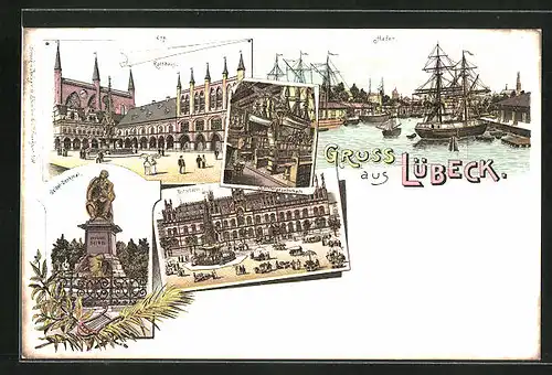 Lithographie Lübeck, Hafen, Rathhaus, Postgebäude