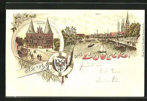 Lithographie Lübeck, Hafen, Holstentor, Stadtwappen