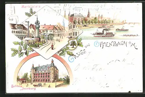 Lithographie Offenbach / Main, Schloss Ilsenburg, Marktplatz mit Strassenbahn, Dampfer mit Stadtansicht