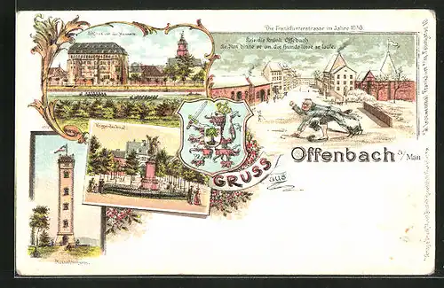 Lithographie Offenbach / Main, Schloss von der Mainseite, Frankfurterstr. im Jahre 1836, Wappen