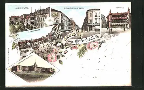 Lithographie Offenbach / Main, Stadtkrankenhaus, Schloss, Alicenplatz aus der Vogelschau