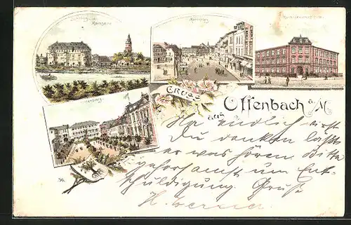 Lithographie Offenbach / Main, Schloss von der Mainseite, Kunstgewerbeschule, Marktplatz mit Strassenbahn
