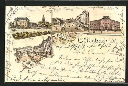 Lithographie Offenbach / Main, Alicenplatz aus der Vogelschau, Kunstgewerbeschule, Schloss v. d. Mainseite