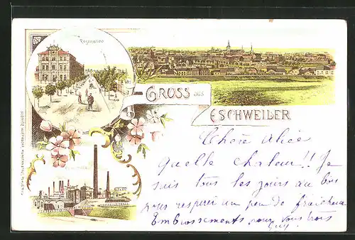 Lithographie Eschweiler, Rosenallee mit Passanten, Concordia-Fabrik, Gesamtansicht
