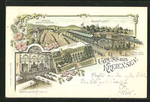 Lithographie Kreiensen, Hauptbahnhof mit Dampflok aus der Vogelschau, Viaduct, Innenansicht vom Wartesaal der 1-2 Klasse