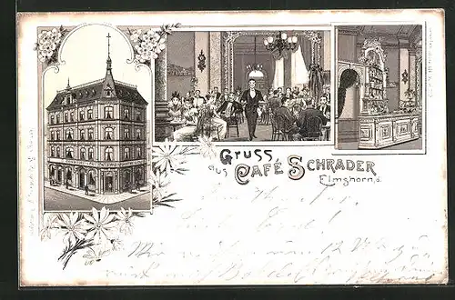Lithographie Elmshorn, Café Schrader mit Innenansicht vom Speiseraum