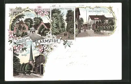 Lithographie Barmstedt, Hotel Stadt Hamburg, Schloss Ranzau, Kirche