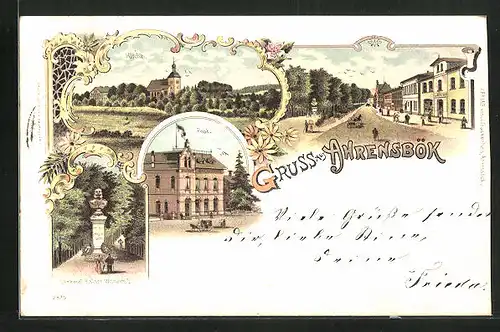 Lithographie Ahrensbök, Post mit Pferdekutsche, Denkmal von Kaiser Wilhelm I., Kirche