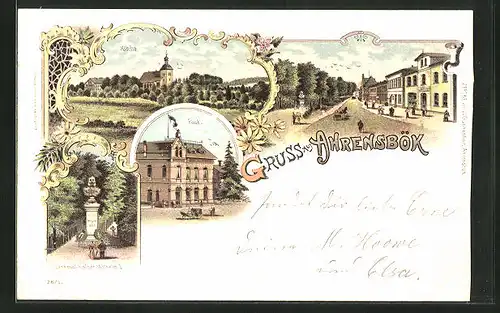 Lithographie Ahrensbök, Post mit Pferdekutsche, Denkmal von Kaiser Wilhelm I., Kirche