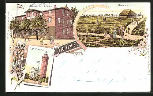 Lithographie Dahme / Holstein, Strand-Hotel Heinr. Ritzerau, Strand mit Passanten, Leuchtturm